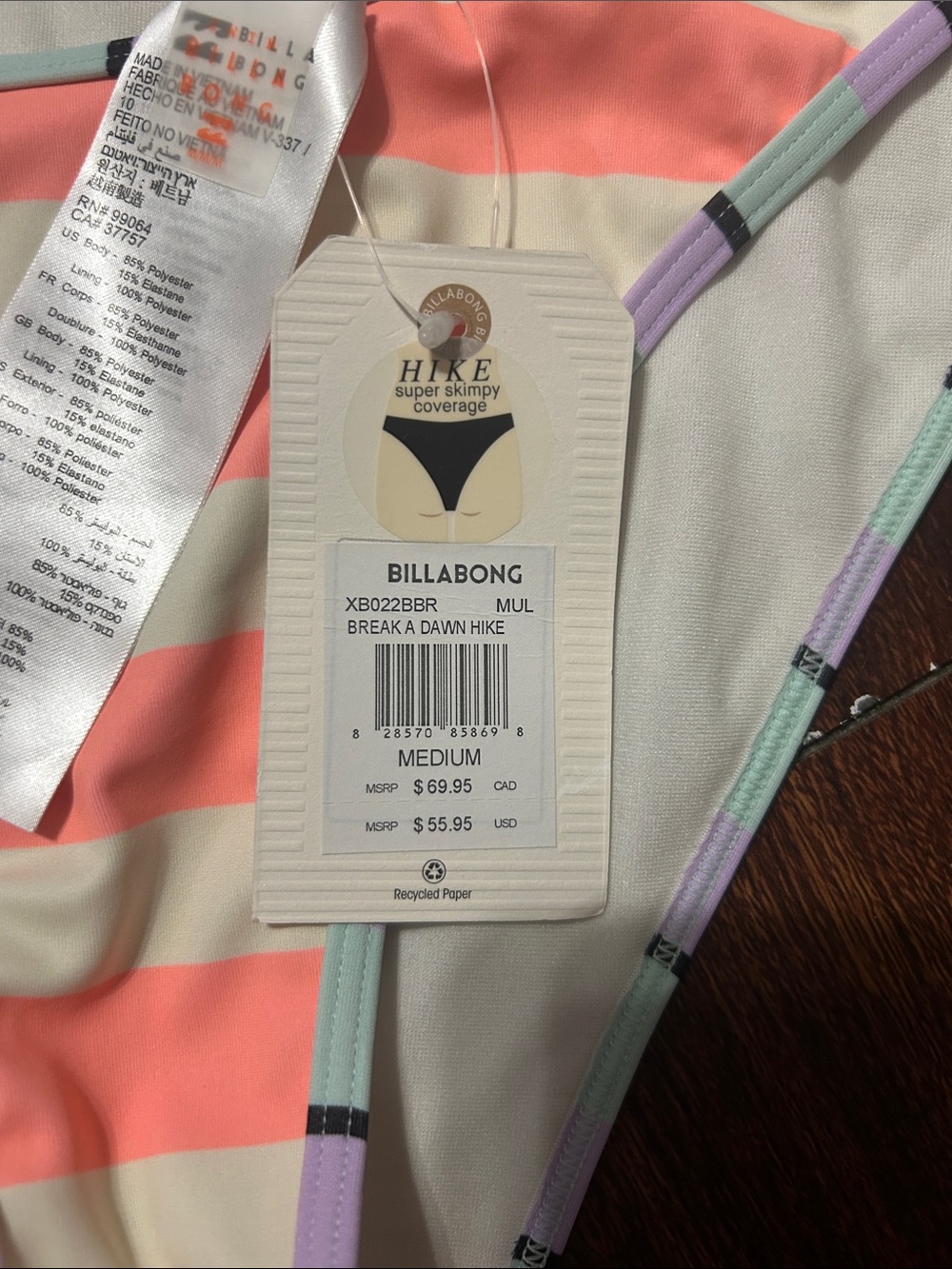 Billabong Coral & Cream Striped Bikini Bottom with Mint and Lavender Trim - Picture 7 of 7